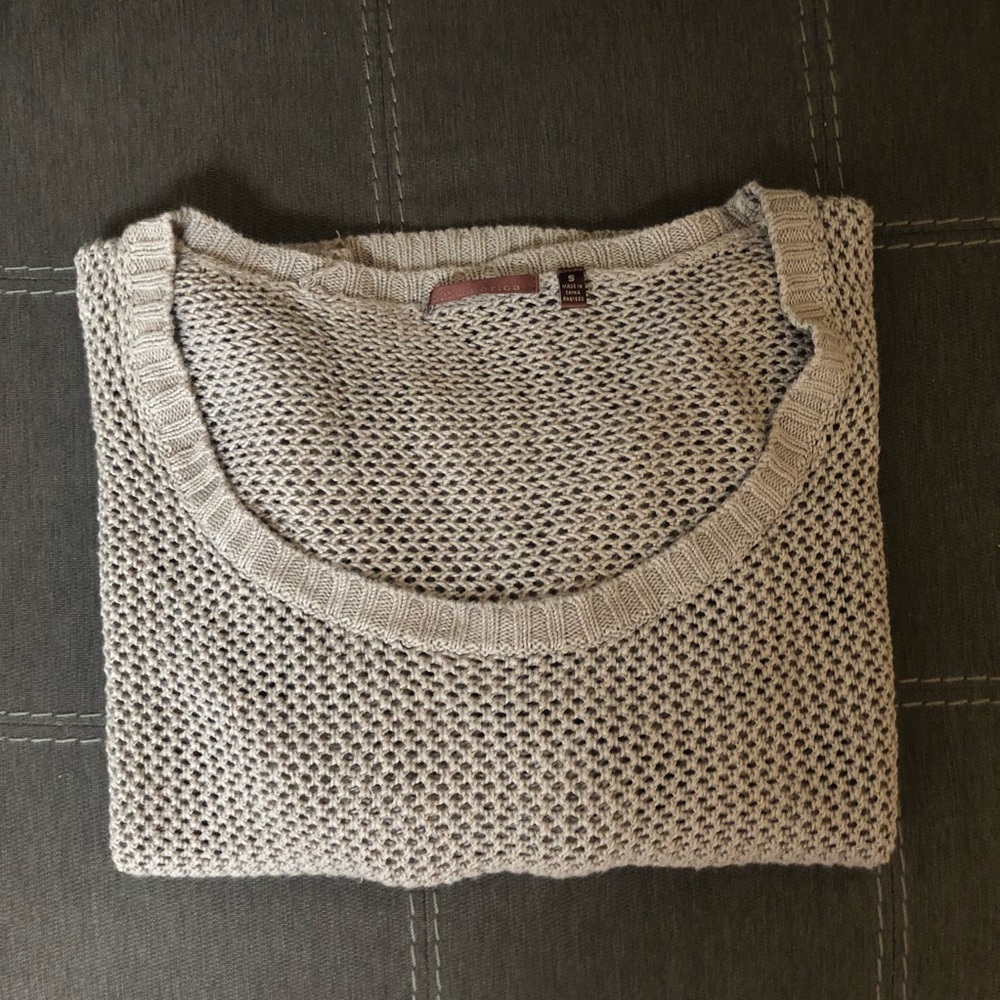 Open-weave, grey, off-shoulder, knit sweater